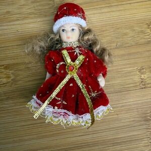 Miniature Porcelain Doll Christmas Santa‎ Hat Red Dress Collectible Figurine